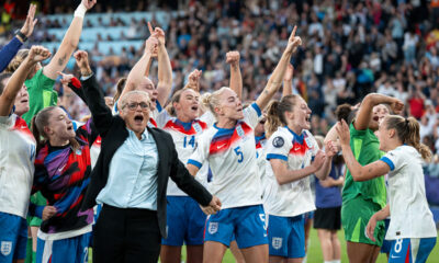 The England women's national team celebrates their UEFA Women's Euro 2025 victory after the end of the game at St. Jakob-Park in Basel, Switzerland on July 27 2025.