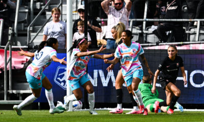 San Diego Wave players celebrate after scoring a goal against Angel City FC.