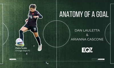 Graphic with a soccer field in the background. There is a cutout photo of Pietra Tordin and text that reads "Anatomy of a Goal" with the names Dan Lauletta and Arianna Cascone.